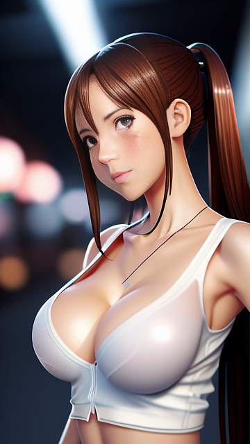 Hot anime girl, front facing, very large chest, very big breasts, tight shirt with a boob window, mini skirt, facing forward, thin face, skinny, ripped clothes, cleavage, looking forward, seductive face, boobs covered in anime style
