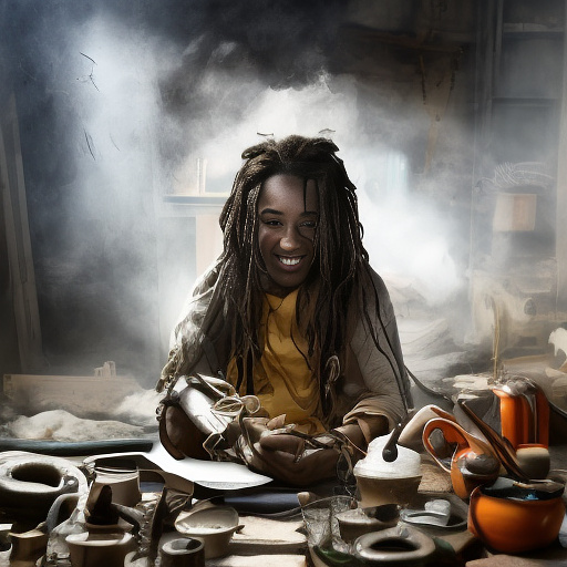 A black rastafarian is sitting on a worktable, smiling happily and smoking. the room is smoky. in custom style