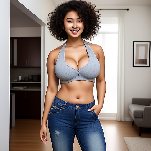 Sexy asian college student with big boobs and short curly hair and her arms up and in a halter top and jeans pants and showing her belly and cleavage and standing in the living room and full body picture in custom style