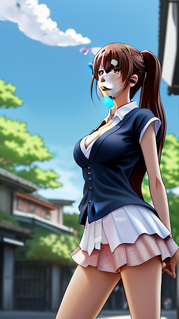Hot anime girl, very big breasts, tight shirt with a boob window, mini skirt, thin face, skinny, cleavage, seductive face, facing forward, boobs covered, safe for work in anime style
