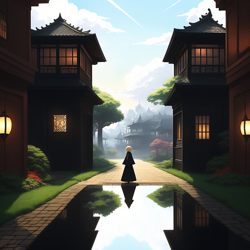 A white background with a girl in a black dress standing with her back to the watcher under a brick gate holding a dager coming out of her sleave with one black cat on top of the gate in anime style