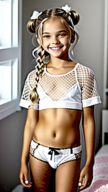 White, blonde, very cute, girl 10 years old, fishnet top , skimpy underwear , smiling, bedroom, in custom style