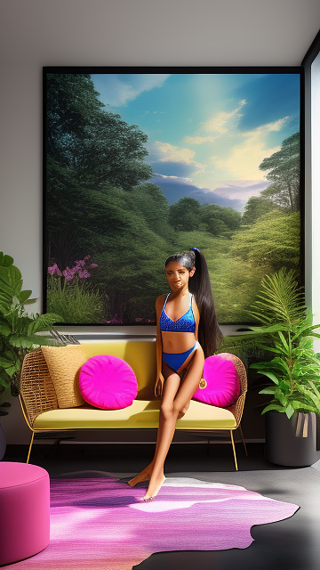Hyper realistic, 11yo preteen latina, dark hair, skinny unfinished, blossoming, pink bikini, very high-heeled pink sandals, young face, high ponytail, is posing into modern and design chalet's bedroom. very high quality, detailled body, studio quality. in design living room style