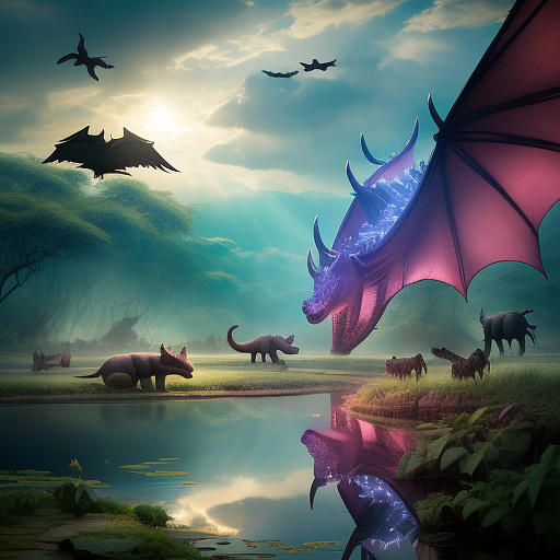 A hippo dragon with wings talking with a group of hippos in a muddy pond while dragons fly far over head
 in angelcore style