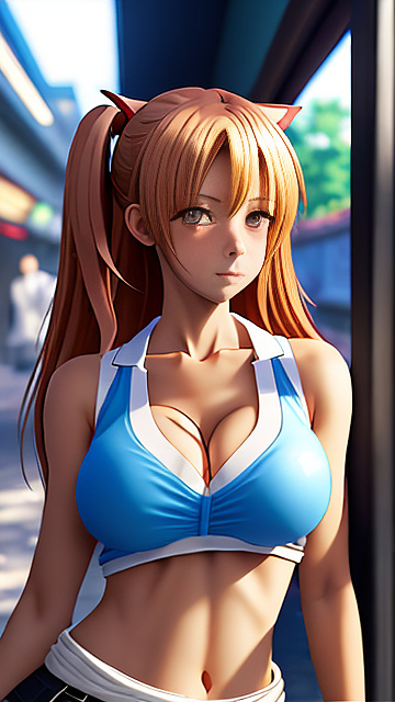 Hot anime girl, front facing, very large chest, very big breasts, tight shirt with a boob window, mini skirt, facing forward, thin face, skinny, ripped clothes, cleavage, looking forward, seductive face, facing forward, cat girl in anime style