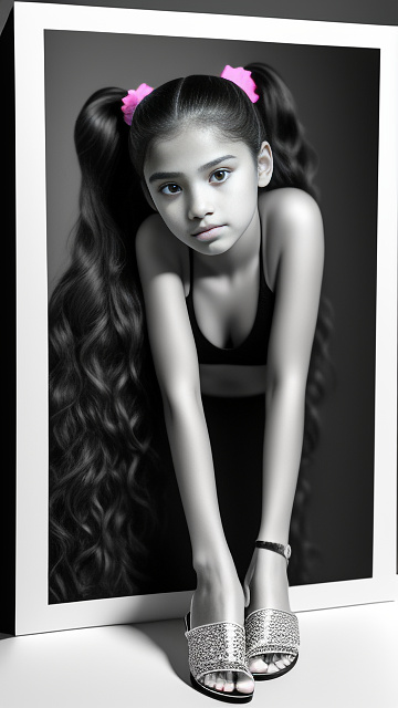 Hyper realistic, 11yo preteen latina, dark hair, skinny unfinished, blossoming, pink bikini, very high-heeled pink sandals, young face, high ponytail, is posing into modern and design chalet's bedroom. very high quality, detailled body, studio quality. in bw photo style