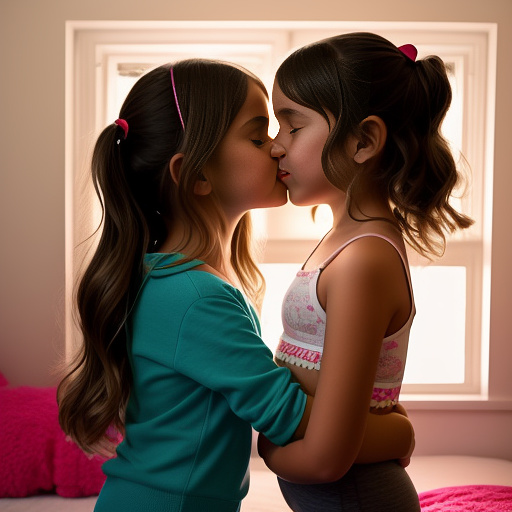 A romantic moment between a childhood couple in a cozy bedroom. the 11-year-old sexy hot girl, wearing a light, stylish bras and yoga pants, shares a gentle kiss with the 11-year-old boy.  in custom style