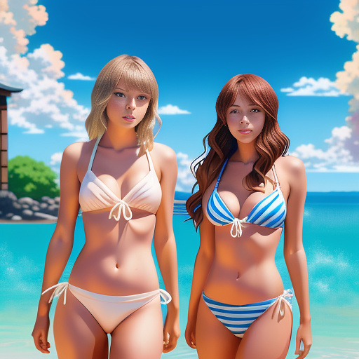 Taylor swift wearing a bikini with travis kelsey in swim trunks 
 in anime style