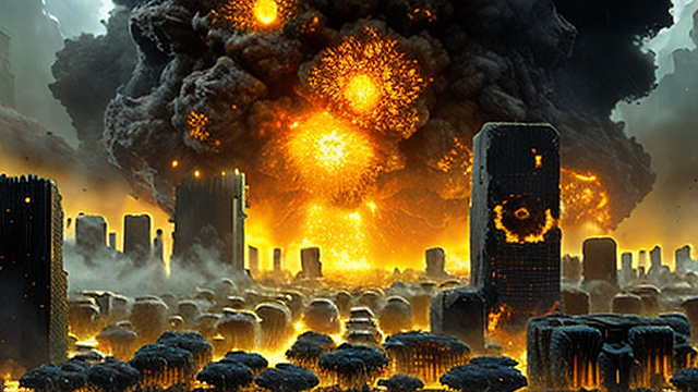 A hive-city being struck by something from space, a huge explosion and building debris going everywhere. in custom style