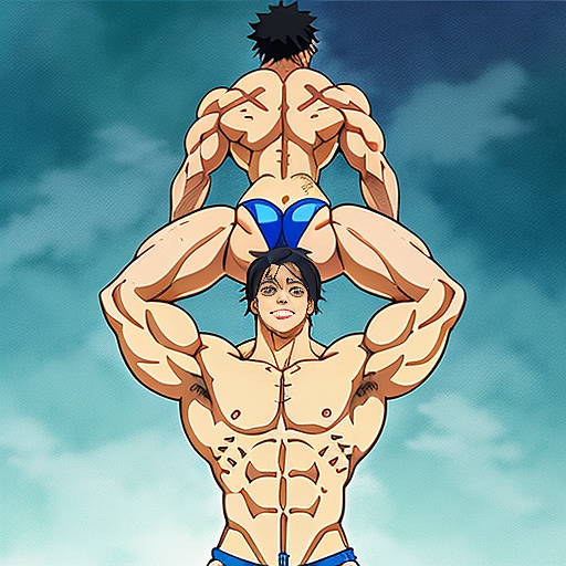 A bodybuilder lifting another man over his head in anime style