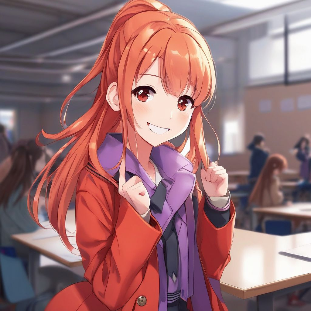A stylized female character with long hair, wearing a red coat and raising hand, 1girl, solo, long hair, ponytail, jacket, smile, orange hair, white background, lilac eyes, inside school halls, anime/lightnovel artstyle in anime style