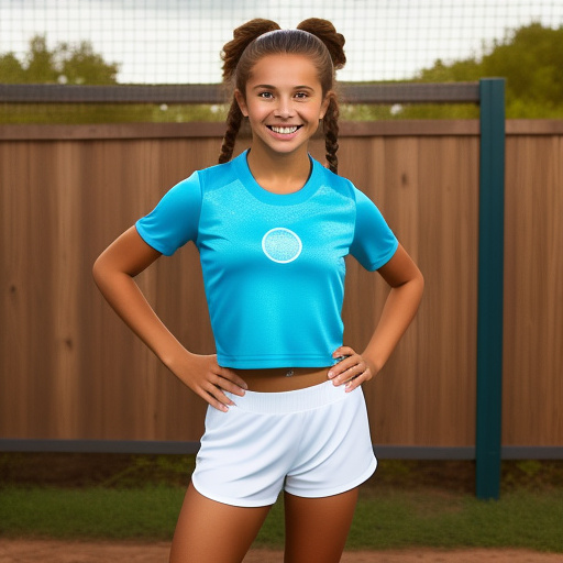 Extremely attractive 13 year old very youthful, happy, athletic girl with brown hair, freckled face and big breasts wearing a tight, athletic crop-top t-shirt with tight, athletic shorts and tennis shoes standing in front of a wood fence with chipped, white paint. in custom style