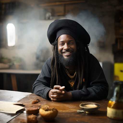 A black rastafarian is sitting on a worktable, smiling happily and smoking. the room is smoky. in custom style