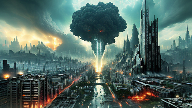 A city being struck by something from space, a huge explosion and building debris going everywhere. in angelcore style