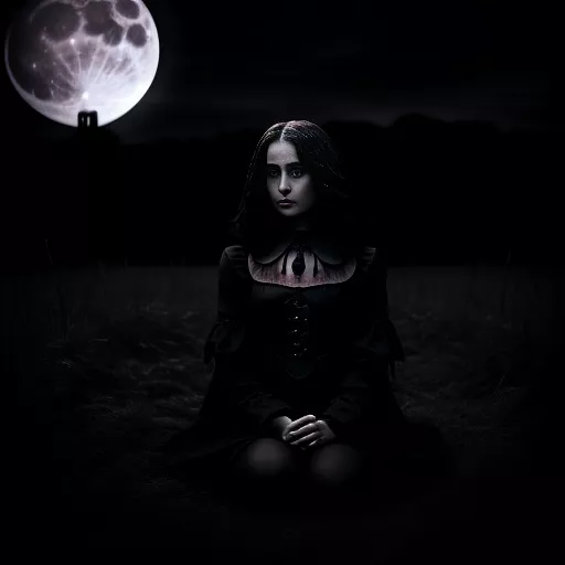 A girl sitting in a dark field under the full moon’s light with a bloody dagger in her hand in gothic style