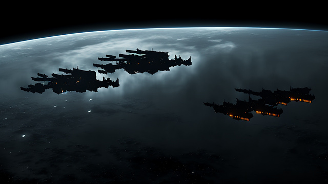 A large space station in space with docked ships.
 in gothic style