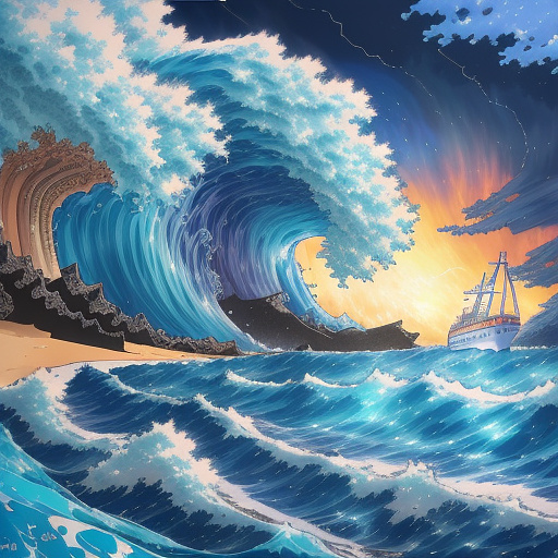 A detailed sketch of in a beach in a wild storm and with a ship in the middle of the raging dark blue ocean in anime style