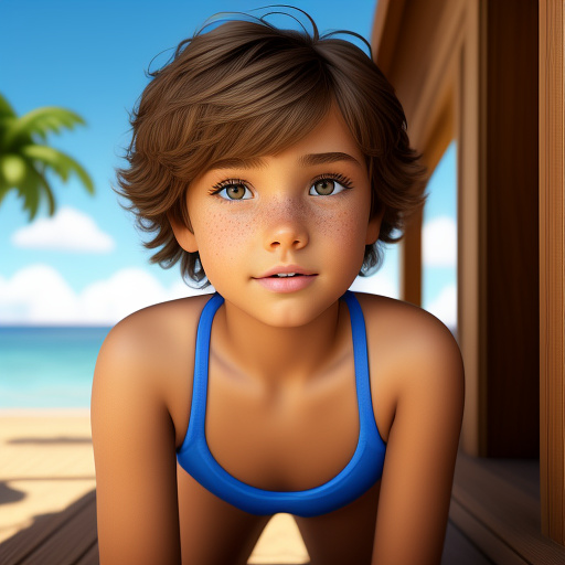 A 11 year old boy with light brown short fluffy hair, hazel eyes and is in a bathing suit  in disney 3d style