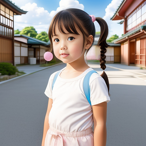 Girl with pacifier and pigtails and diapers and the background is kindergarten  in anime style