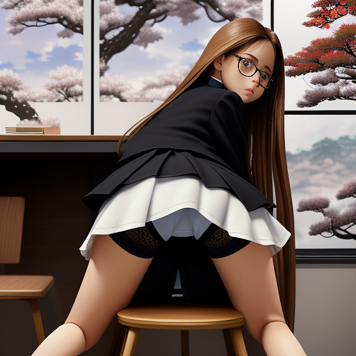 Ultra realistically a 22 year old german girl with a black braid with glasses and brown eyes 1.70 tall thin in schoolgirl uniform kneel on a chair her underwear is open in the crot you can see her vagina and her anus from very close in anime style