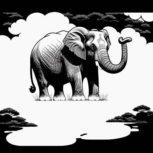 Big elephant in black and white for colouring in in anime style