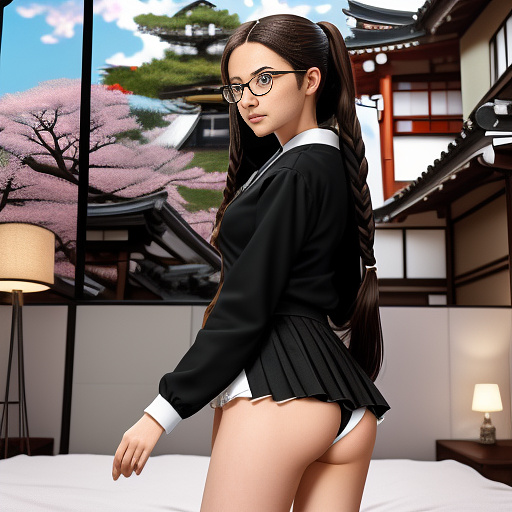 Ultra realistically a 22 year old german girl with a black braid with glasses and brown eyes 1.70 tall thin in schoolgirl uniform lies with spreading legs on the bed the underwear is open in the crot you can see her vagina and her anus in anime style
