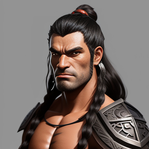 Generate a detailed portrait of a pathfinder male half-orc character with black hair and black eyes. across their rugged face, depict a prominent scar, a testament to past battles and hardships endured. the half-orc holds a round wooden shield in one hand. in anime style