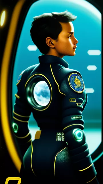 Young, pretty space force pilot with short hair posing for a photograph as seen from behind while looking at the moon through a window from the cockpit of a spaceship.
 in angelcore style