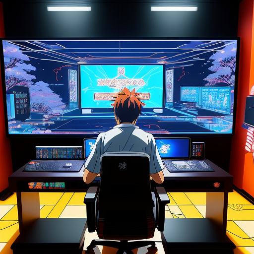 A man is programming in tha man is programming in the gaming roome gaming room in anime style