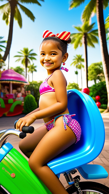 9 year old wearing bikini sitting on bike dick chair, bikini, side view in kids painted style