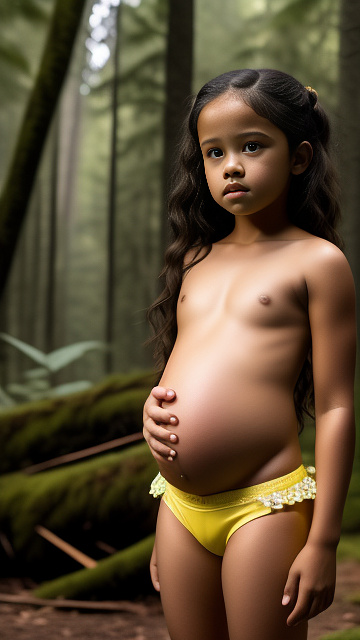 Pregnant, 7 years old, jenna ortega, yellow panties, topless, forest in custom style