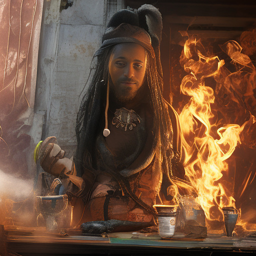 A black rastafarian is sitting on a worktable, smiling happily and smoking. the room is smoky. in custom style