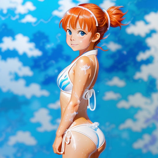 6 year old wearing bikini with white goo on her in anime style
