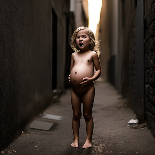 Pregnant, 7-years-old-blonde-girl, nude, alleyway, screaming in pain  in custom style