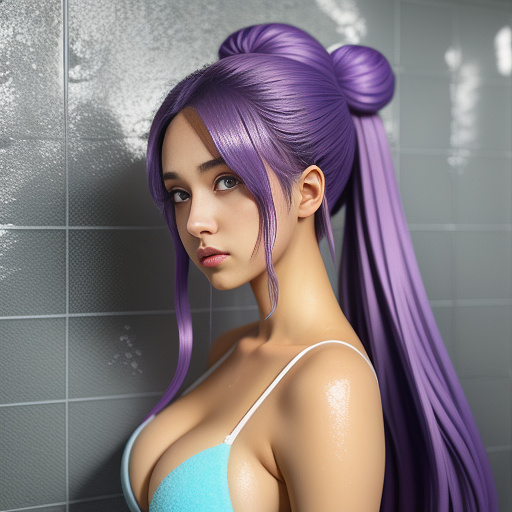 Sponge suds treatment, long purple hair, camo nano mini micro bikini, white high-waist micro v-thong, surprised face, large breasts, breasts apart, girl shower, hair bun, yellow rectangle sponge, soap bubbles, white tile background, areola slip in anime style