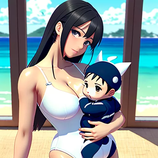 Curvy woman in white swimsuit carrying a child (boy), from side, full body, in anime style
