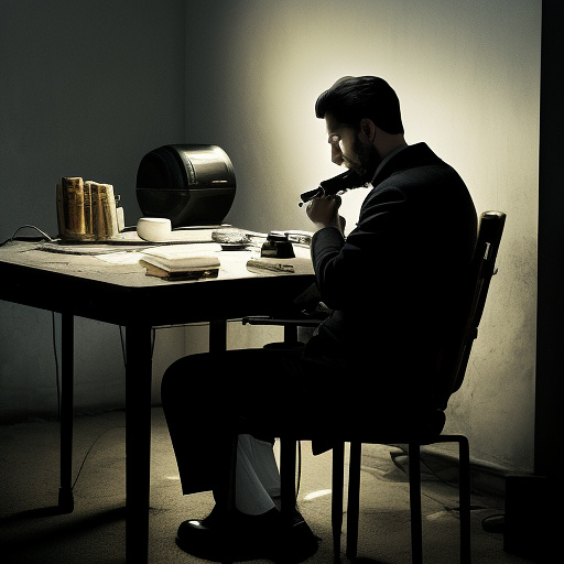 In a dark room, there is a telephone and a gun on the table. a man is sitting on a chair, and he is dead. in custom style