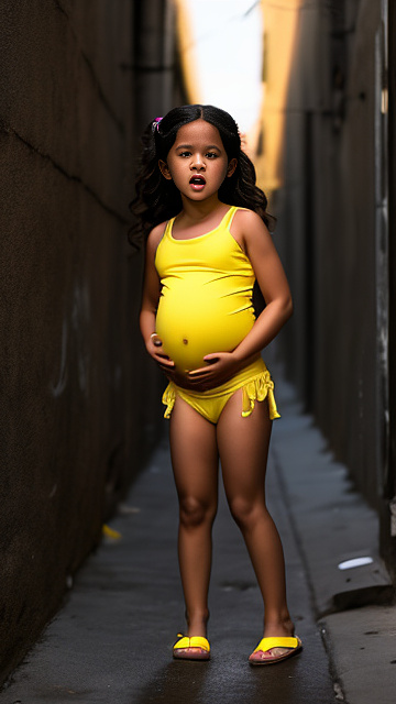Pregnant, 7 years old, jenna ortega, yellow panties, nude, alleyway, screaming in pain,  in custom style