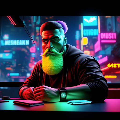 Colorful 35 years man painted cartoon animated surrealistic  100kg (short beard) in cyberpunk style
