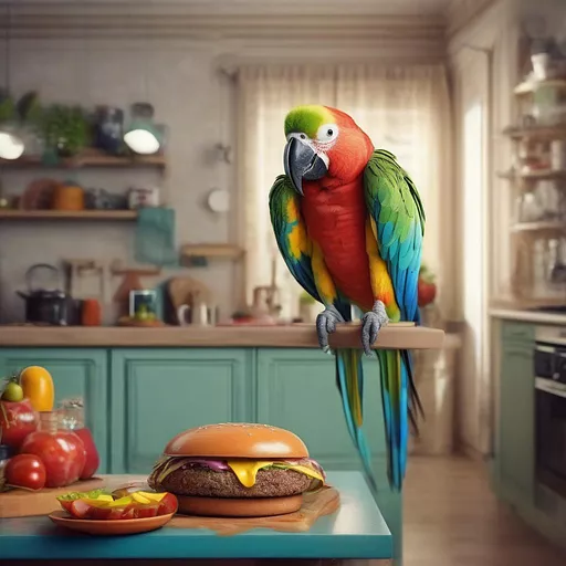 A colorful parrot stands on a hamburger sandwich
 in design kitchen style