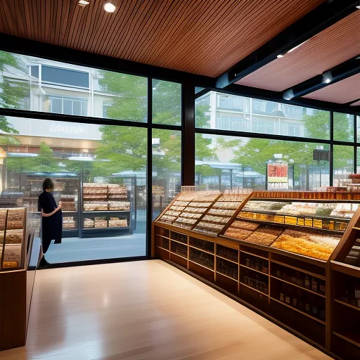 Food retail with wooden interior and wall dispensers made of glass for unpacked cereals in anime style