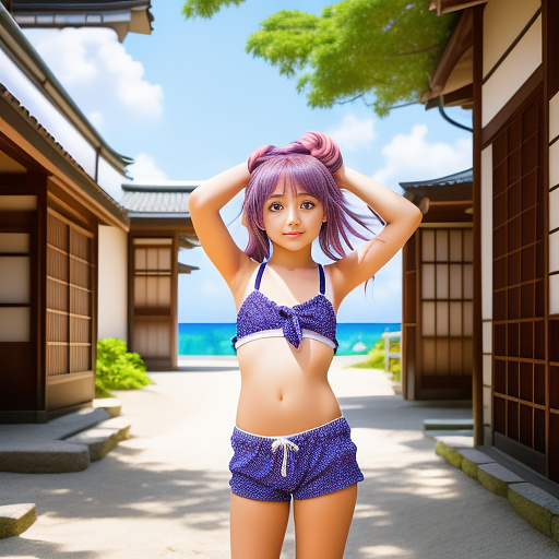 Little young girl in camera, whit shorts pants and swim bra, curbing her body. 
violet hair and her hands up for tie the hair.
in a beach

 in anime style