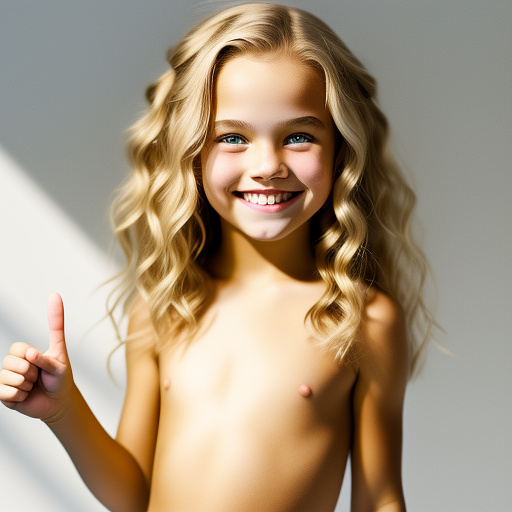 9-year-old caucasian white girl, naked, smiling, cute, blonde hair, pointing middle finger in custom style
