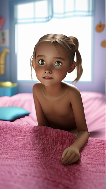 A 7-year-old girl lies naked on a bed and masturbates. in disney 3d style