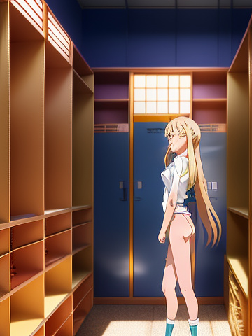 Beautiful nude 12 years old teenage girl with long blonde hair in the locker room at sunset in anime style