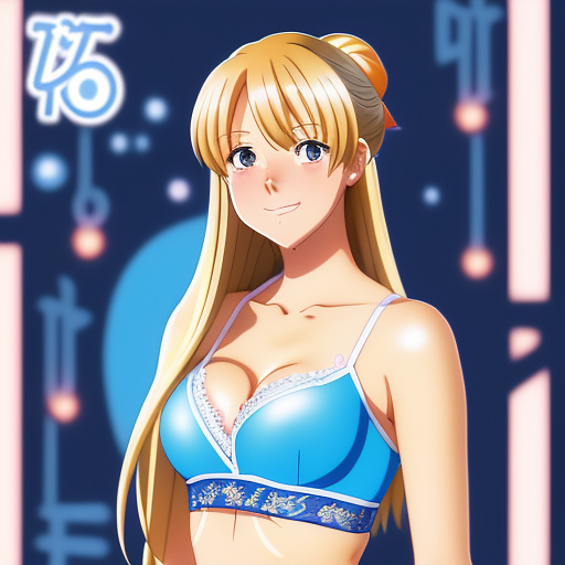 Cute 20 year old girl in blue bra and tight leggings smirking blonde hair in anime style