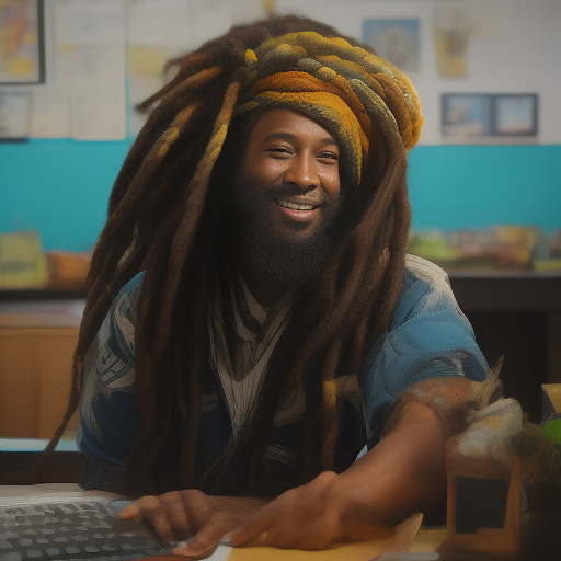 A black rastafarian is sitting on his desk, smiling happily. in custom style