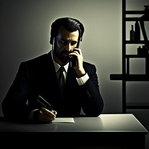 In a dark room, there is a telephone and a gun on the table. a man is sitting on a chair, and he is dead. in custom style