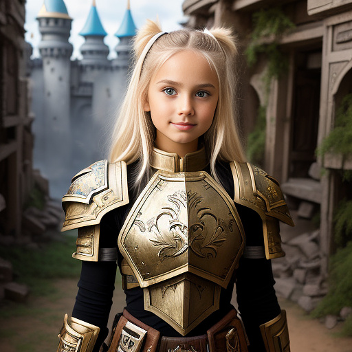 Girl blond long in powered battle armor, painted and decorated as if a painted happy family scenes on it, warhammer 40k city ruins
 in disney painted style