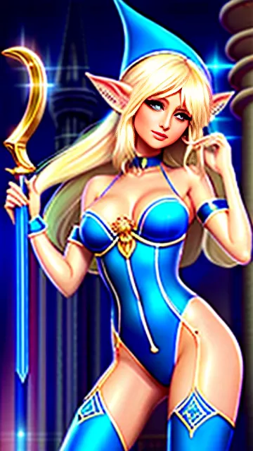 A blue skinned elf maiden resembling paris hilton with platinum blonde hair is looking at me seductively while she wields a golden dagger. the moonlight shines through her transparent spider silk lingerie revealing all her naked 
curves. her sandals are delicate and blue. show her full costume. in disney painted style